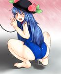 amecha barefoot bdsm blue_hair bondage bound collar food fruit hat highres hinanawi_tenshi leash long_hair one-piece_swimsuit peach pussy_juice red_eyes school_swimsuit solo squatting sweat swimsuit tears touhou wince 