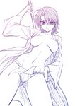  ahoge bokken breasts from_below fundoshi hand_on_hip hattori_junko hips ichiban_ushiro_no_daimaou japanese_clothes large_breasts misnon_the_great monochrome navel open_clothes open_robe robe short_hair sketch solo sword weapon wooden_sword 