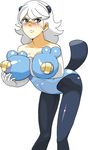  artist_request bare_shoulders blush breasts brown_eyes cleavage elbow_gloves freckles gen_5_pokemon gloves huge_breasts oshawott pantyhose personification pokemon solo tail white_hair 