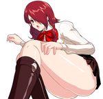  blush boots bow hair_over_one_eye k2_(silver_code) kirijou_mitsuru knee_boots long_hair long_sleeves persona persona_3 red_eyes red_hair ribbon solo 