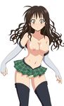  1girl alternate_hairstyle bad_id bad_pixiv_id breasts brown_eyes brown_hair elbow_gloves fingerless_gloves gloves highres large_breasts long_hair nipples older panties skirt solo staring surprised thighhighs to_love-ru topless underwear yuuki_mikan 