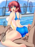  1girl 2boys ass blush buttjob clothed_female_nude_male grinding multiple_boys penis quiz_magic_academy red_hair ruquia swimsuit threesome translation_request 