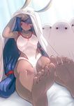  &lt;o&gt;_&lt;o&gt; armpits aya_shobon barefoot blush covered_navel dark_skin earrings facial_tattoo fate/grand_order fate_(series) feet jewelry lifting_covers long_hair looking_at_viewer medjed necklace nitocris_(fate/grand_order) nitocris_(swimsuit_assassin)_(fate) one-piece_swimsuit purple_eyes purple_hair sitting soles swimsuit tattoo toes 
