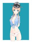  absurdres aqua_eyes arms_behind_back ass_visible_through_thighs black_ribbon blonde_hair blue_shirt blush bow bow_panties breasts cameltoe cleavage collarbone cropped_legs dabaizhao eyebrows_visible_through_hair front-tie_top grey_hat hair_between_eyes hair_ribbon highres kantai_collection long_hair looking_at_viewer looking_away medium_breasts midriff navel no_bra open_clothes open_shirt panties prinz_eugen_(kantai_collection) red_ribbon ribbon shirt sketch solo standing stomach tied_shirt twintails underwear white_background white_panties 
