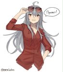  ahoge blush breasts eyewear_on_head gangut_(kantai_collection) glasses grey_hair grin kantai_collection long_hair looking_at_viewer medium_breasts no_hat no_headwear orange_eyes red_shirt russian shirt sleeves_rolled_up smile solo sunglasses translated white_background yamashiki_(orca_buteo) 