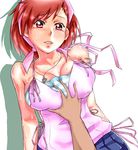  arms_at_sides bare_shoulders breast_grab breasts cleavage collarbone covered_nipples dark_skin dutch_angle eyebrows_visible_through_hair grabbing head_tilt highres jewelry large_breasts megami_ibunroku_devil_survivor necklace pendant red_eyes red_hair sato_iori short_hair simple_background sleeveless solo_focus striped sweat tanigawa_yuzu teardrop tearing_up upper_body white_background 