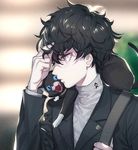  amamiya_ren animal animal_on_shoulder black_hair blue_eyes blurry blurry_background cat closed_mouth formal glasses grey_eyes grey_shirt hand_in_hair long_sleeves looking_at_viewer male_focus morgana_(persona_5) persona persona_5 profile school_uniform shirt shuujin_academy_uniform smile suit upper_body zuizi 
