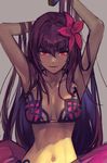  armpits bikini breasts collarbone fate/grand_order fate_(series) flower grin hair_flower hair_ornament hankuri large_breasts looking_at_viewer navel purple_eyes red_eyes scathach_(fate)_(all) scathach_(swimsuit_assassin)_(fate) shade simple_background smile solo swimsuit 