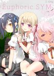  :d ;) bench black_hair black_legwear blonde_hair bracelet braid bush chloe_von_einzbern dark_skin eyebrows_visible_through_hair fate/kaleid_liner_prisma_illya fate_(series) finger_to_mouth grey_skirt hair_ribbon hand_on_another's_shoulder highres hisagiyuu illyasviel_von_einzbern jewelry long_hair looking_at_viewer miyu_edelfelt multiple_girls one_eye_closed open_mouth pink_hair puffy_short_sleeves puffy_sleeves red_eyes ribbon short_sleeves side_ponytail sitting skirt smile socks thighhighs tree white_legwear yellow_eyes 