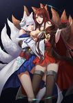  absurdres akagi_(azur_lane) animal_ears asymmetrical_docking azur_lane bangs bare_shoulders between_fingers black_gloves black_legwear blue_eyes blue_skirt blunt_bangs breast_press breasts brown_hair cleavage commentary_request fox_ears fox_mask fox_tail gloves gradient gradient_background hair_ornament hair_tubes highres holding hug japanese_clothes kaga_(azur_lane) kimono kimono_skirt kneehighs large_breasts light_particles lips long_hair long_sleeves looking_at_viewer mask mask_on_head multiple_girls multiple_tails off_shoulder parted_lips red_eyes red_skirt short_hair shuriken sidelocks skirt smile standing straight_hair tail tassel thighhighs very_long_hair weapon white_hair wide_sleeves yin_lan_xue zettai_ryouiki 