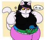  3_fingers anthro belly big_belly big_breasts bite black_hair blush breasts cat catti_(deltarune) clothed clothing deltarune dialogue digital_media_(artwork) duo english_text eyeshadow eyewear feline female fur hair highlights hula_hoop jockington_(deltarune) makeup male mammal midmort overweight overweight_female pink_nose reptile scale scalie shorts simple_background snake speech_bubble sunglasses sweat text thick_thighs video_games voluptuous wide_hips yellow_sclera 