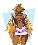  blonde_hair breasts breasts_apart brown_eyes center_opening closed_mouth commentary cowboy_shot dark_skin dress elf gloves headband jewelry large_breasts lipstick long_hair looking_at_viewer makeup navel necklace no_bra open_clothes pinup pirotess pointy_ears purple_dress purple_gloves record_of_lodoss_war red_lipstick short_sleeves solo standing typo_(requiemdusk) very_long_hair 