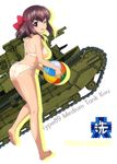  ;p absurdres ass barefoot bikini bow breasts brown_eyes brown_hair caterpillar_tracks character_name emblem from_behind full_body girls_und_panzer ground_vehicle hair_bow highres kneepits kondou_taeko leaning_forward long_hair looking_at_viewer looking_back medium_breasts military military_vehicle motor_vehicle one_eye_closed ooarai_(emblem) red_bow shiny shiny_skin sideboob simple_background solo standing swimsuit tank tongue tongue_out type_89_i-gou white_background white_bikini 