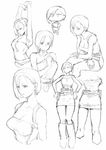  arms_up bare_shoulders boots breasts chibi cleavage collarbone cropped_legs crossed_arms from_behind greyscale hands_on_hips highres jill_valentine knee_boots kotoyama miniskirt monochrome multiple_views pencil_skirt resident_evil resident_evil_3 short_hair simple_background sitting sketch skirt standing 