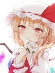  ascot bangs blonde_hair bloom blush closed_mouth commentary_request crystal fang flandre_scarlet flower frilled_shirt_collar frills hat hat_ribbon honotai looking_at_viewer mob_cap red_eyes ribbon side_ponytail smile solo touhou wings wrist_cuffs 