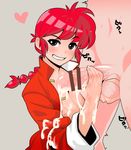  1boy 1girl black_eyes blush booth_tomato braid censored chinese_clothes cum cum_on_clothes genderswap genderswap_(mtf) handjob heart open_clothes open_shirt penis ranma-chan ranma_1/2 red_hair saotome_ranma single_braid solo_focus tangzhuang 
