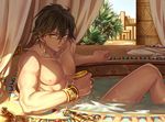  bathing bathtub bracer brown_hair collarbone cup curtains dagger dark_skin dark_skinned_male earrings egyptian egyptian_clothes fate/prototype fate/prototype:_fragments_of_blue_and_silver fate_(series) glint gold_earrings gold_trim hair_between_eyes hieroglyphics holding holding_cup jewelry knee_up lalatia-meai looking_at_viewer male_focus messy_hair muscle nipples nude ozymandias_(fate) parted_lips partially_submerged pectorals plant ring shade slit_pupils solo sunlight water weapon wet yellow_eyes 
