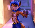  2017 anthro areola blue_hair breasts canine carmelita_fox choker clothed clothing dipstick_ears dipstick_tail ear_piercing female fox hair looking_at_viewer mammal multicolored_tail navel nipples partially_clothed piercing ranged_weapon sly_cooper_(series) smile solo tgtf234 video_games weapon 