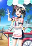  ;d \m/ apron artist_request bangs beret bird black_hair blue_sky blush bow day food gloves hair_bow hat holding ice_cream ice_cream_scoop ice_cream_stand looking_at_viewer love_live! love_live!_school_idol_festival love_live!_school_idol_project name_tag necktie ocean official_art one_eye_closed open_mouth outdoors palm_tree pink_neckwear polka_dot polka_dot_bow red_eyes short_sleeves shorts sky smile solo star star_hat_ornament tie_clip tree twintails uniform v-shaped_eyebrows white_gloves yazawa_nico 
