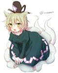  :o animal_ears blush breasts cat_ears commentary_request dress fang ghost_tail green_dress green_eyes green_hair hat honotai juliet_sleeves kemonomimi_mode light_green_hair long_sleeves looking_at_viewer medium_breasts ofuda_on_clothes open_mouth puffy_sleeves soga_no_tojiko solo tate_eboshi touhou twitter_username v_arms 