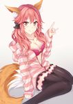  animal_ears black_legwear blush bra breasts chrisandita cleavage commentary fate/extra fate_(series) fox_ears fox_shadow_puppet fox_tail highres jewelry large_breasts loli_hooker looking_at_viewer navel necklace open_clothes open_shirt pink_bra pink_hair shirt solo tail tamamo_(fate)_(all) tamamo_no_mae_(fate) thighhighs underwear yellow_eyes 