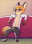  2017 anthro bare_chest barefoot bedroom_eyes canine claws clothed clothing disney eyewear fox fuel_(artist) fur glasses half-closed_eyes inner_ear_fluff looking_at_viewer male mammal markings naughty_face nick_wilde open_pants open_shirt orange_fur seductive sitting smile smug socks_(marking) solo underwear zootopia 