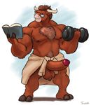  anthro balls big_penis book bovine cattle erection exercise eyewear glasses horn humanoid_penis male mammal musclegut muscular penis pubes smile solo standing uniparasite weightlifting workout 