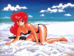  80s akaishizawa_takashi all_fours artist_name barefoot beach bikini blue_bikini dated day halter_top halterneck long_hair magami_eiko non-web_source ocean official_art oldschool outdoors parted_lips project_a-ko red_eyes red_hair side-tie_bikini solo swimsuit water 