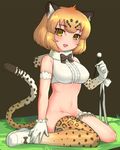  :d animal_ears arm_garter asymmetrical_legwear bare_shoulders blonde_hair blush bottomless bow bowtie breasts commentary elbow_gloves fur_collar gloves iwahana jaguar_(kemono_friends) jaguar_ears jaguar_print jaguar_tail kemono_friends large_breasts leg_garter looking_at_viewer mimikaki mismatched_gloves multicolored multicolored_clothes multicolored_legwear navel no_panties open_mouth short_hair single_elbow_glove single_thighhigh sitting sleeveless smile solo tail thighhighs thighs yellow_eyes 