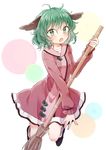  ahoge animal_ears bamboo_broom bangs blush broom commentary_request cowboy_shot dog_ears dress fang green_eyes green_hair honotai kasodani_kyouko long_sleeves looking_at_viewer open_mouth pink_dress short_hair solo touhou 