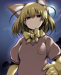  &gt;:) animal_ears blonde_hair bow bowtie brown_eyes commentary_request extra_ears fennec_(kemono_friends) fox_ears full_moon gloves hair_between_eyes hand_on_hip kemono_friends looking_at_viewer moon night night_sky short_hair short_sleeves sky smile solo sweater tree tsukasawa_takamatsu upper_body v-shaped_eyebrows 