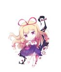  alternate_costume artist_name bangs blonde_hair boots bow chibi cuivre dress eyebrows_visible_through_hair eyes fan floating_hair floral_print folding_fan frills gap hair_bow hair_ribbon head_tilt knee_boots long_hair looking_at_viewer neck_ribbon purple_eyes ribbon short_dress simple_background smile solo touhou very_long_hair white_background white_dress white_footwear yakumo_yukari 