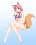 animal_ears barefoot bikini blue_bikini blush breasts fate/grand_order fate_(series) fingers_to_mouth fox_ears fox_tail gradient gradient_background highres invisible_chair large_breasts legs long_hair looking_at_viewer muji_(majunduo) naughty_face parted_lips pink_hair side-tie_bikini sitting smile solo swimsuit tail tamamo_(fate)_(all) tamamo_no_mae_(fate) tamamo_no_mae_(swimsuit_lancer)_(fate) underboob yellow_eyes 