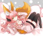  animal_ears black_legwear blush bra breasts cleavage fate/extra fate_(series) fox_ears fox_tail jewelry large_breasts looking_at_viewer lying necklace open_clothes open_shirt pink_bra pink_hair shiosoda shirt solo tail tamamo_(fate)_(all) tamamo_no_mae_(fate) thighhighs underwear yellow_eyes 