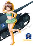  absurdres aqua_bikini barefoot bikini bikini_skirt black_eyes brown_hair caterpillar_tracks character_name collarbone emblem eyewear_on_head flat_chest girls_und_panzer ground_vehicle hand_on_hip highres layered_skirt leg_up looking_at_viewer military military_vehicle motor_vehicle navel ooarai_(emblem) pink-framed_eyewear shiny shiny_skin short_hair simple_background smile solo standing swimsuit tank tiger_(p) tsuchiya_(girls_und_panzer) white_background 