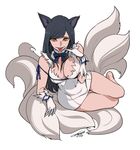  :p absurdres ahri animal_ears ass_visible_through_thighs bangs bare_legs barefoot black_hair blue_ribbon breasts cleavage cleavage_cutout cosplay covered_navel dress dungeon_ni_deai_wo_motomeru_no_wa_machigatteiru_darou_ka finger_to_mouth fox_ears fox_tail full_body gloves hestia_(danmachi) hestia_(danmachi)_(cosplay) highres kyuubi large_breasts league_of_legends long_hair looking_at_viewer multiple_tails orange_eyes pinky_out rei_no_himo ribbon short_dress simple_background sitting solo sungwon swept_bangs tail thigh_gap tongue tongue_out white_background white_dress white_gloves yokozuwari 