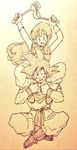  1girl :d arms_up bangs blush boots carrying chi-chi_(dragon_ball) chinese_clothes clenched_hands constricted_pupils crossed_ankles dougi dragon_ball eyebrows_visible_through_hair floating_hair full_body happy holding indian_style ladle long_hair looking_at_viewer monochrome muscle open_mouth outstretched_arms pants parted_bangs pelvic_curtain ponytail sash shoes short_hair shoulder_carry simple_background sitting sleeveless smile son_gokuu spatula spiked_hair spread_legs tkgsize traditional_media turtleneck wavy_hair wristband 