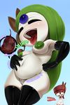  2016 abdominal_bulge belly big_butt blush butt collar edit egg egg_insertion english_text female female/female flat_chested gurgle happy hi_res humanoid internal legendary_pok&eacute;mon meloetta nintendo nipples open_mouth pok&eacute;mon puffy_nipples pussy rubber simple_background text theboogie thick_thighs video_games voluptuous vore 