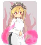  alternate_color alternate_costume blonde_hair commentary dress energy hair_between_eyes ini_(inunabe00) junko_(touhou) long_sleeves red_eyes side_slit solo tassel touhou vietnamese_dress wavy_mouth white_dress 
