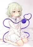  alternate_costume barefoot blush commentary_request dress eyeball full_body green_eyes green_hair hair_between_eyes heart heart_of_string honotai komeiji_koishi long_sleeves looking_away nose_blush parted_lips short_hair sitting solo third_eye touhou v_arms wariza white_dress 