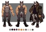  2017 abs anthro artificial_limbs balls belly big_balls big_penis black_nose body_hair bulge butt canine character_(alloy) chest_hair chest_tuft claws clothed clothing coat cybernetics cyborg digitigrade facial_hair flaccid fur grey_fur hair humanoid_penis machine male mammal manly model_sheet multicolored_fur musclegut muscular muscular_back muscular_male nipples nude orange_eyes pants pecs penis scar solo standing tatsumichi tuft vein veiny_penis white_claws white_hair wolf 