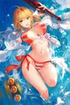  aestus_estus ahoge bikini blonde_hair bouncing_breasts breasts fate/grand_order fate_(series) flower green_eyes hair_intakes halterneck highres large_breasts long_hair looking_at_viewer lying navel nero_claudius_(fate)_(all) nero_claudius_(swimsuit_caster)_(fate) on_back partially_submerged side-tie_bikini sketch smile solo striped striped_bikini swd3e2 swimsuit twintails wardrobe_malfunction water white_flower 