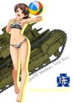  :d absurdres armpits ball barefoot beachball bikini breasts brown_eyes brown_hair caterpillar_tracks character_name emblem eyebrows_visible_through_hair full_body girls_und_panzer ground_vehicle highres kawanishi_shinobu military military_vehicle motor_vehicle navel ooarai_(emblem) open_mouth outstretched_arm ponytail shiny shiny_skin short_hair simple_background small_breasts smile solo standing swimsuit tank type_89_i-gou white_background 