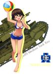  ;d absurdres arm_up armpits barefoot bikini bikini_shorts bird breasts brown_eyes brown_hair caterpillar_tracks character_name cleavage collarbone duck emblem full_body girls_und_panzer ground_vehicle head_tilt highres isobe_noriko military military_vehicle mismatched_bikini motor_vehicle navel one_eye_closed ooarai_(emblem) open_mouth shiny shiny_skin short_hair shorts simple_background small_breasts smile solo standing swimsuit tank type_89_i-gou white_background 