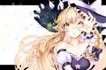  :o bangs bare_shoulders black_hat blonde_hair bow breasts cleavage cleavage_cutout collarbone curly_hair hat hat_bow kirisame_marisa letterboxed long_hair looking_at_viewer medium_breasts mokokiyo_(asaddr) solo star star_cutout touhou upper_body very_long_hair white_bow witch_hat wrist_cuffs yellow_eyes 