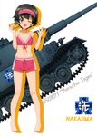  ;d absurdres barefoot bikini bikini_shorts black_hair breasts brown_eyes caterpillar_tracks character_name cleavage collarbone emblem girls_und_panzer ground_vehicle highres holding military military_vehicle motor_vehicle nakajima_(girls_und_panzer) navel one_eye_closed ooarai_(emblem) open_mouth red_bikini short_hair shorts simple_background small_breasts smile solo standing swimsuit tank tiger_(p) white_background 