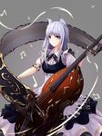  absurdres animal_ears beamed_sixteenth_notes blue_eyes bow_(instrument) cello dress eighth_note grey_background highres instrument long_hair looking_at_viewer music musical_note original piano_print playing_instrument quarter_note scroll see_n silver_hair standing 