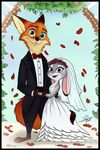  2017 canine clothing disney dress duo female flower fox juantriforce042 judy_hopps lagomorph male mammal nick_wilde plant rabbit smile tuxedo wedding wedding_dress zootopia 
