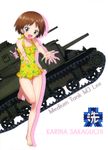  :d absurdres barefoot blue_eyes brown_hair bunny casual_one-piece_swimsuit caterpillar_tracks character_name collarbone emblem flat_chest full_body girls_und_panzer ground_vehicle highres leg_up m3_lee military military_vehicle motor_vehicle one-piece_swimsuit ooarai_(emblem) open_mouth sakaguchi_karina short_hair simple_background smile solo standing standing_on_one_leg swimsuit tank white_background yellow_swimsuit 