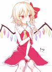  ahoge ascot blonde_hair bow collarbone commentary_request crystal flandre_scarlet food frilled_shirt_collar frills hair_between_eyes hair_bow honotai licking looking_away no_hat no_headwear pointy_ears popsicle red_bow red_eyes red_shirt red_skirt shirt side_ponytail sitting skirt skirt_set sleeveless sleeveless_shirt solo sweat touhou wings 